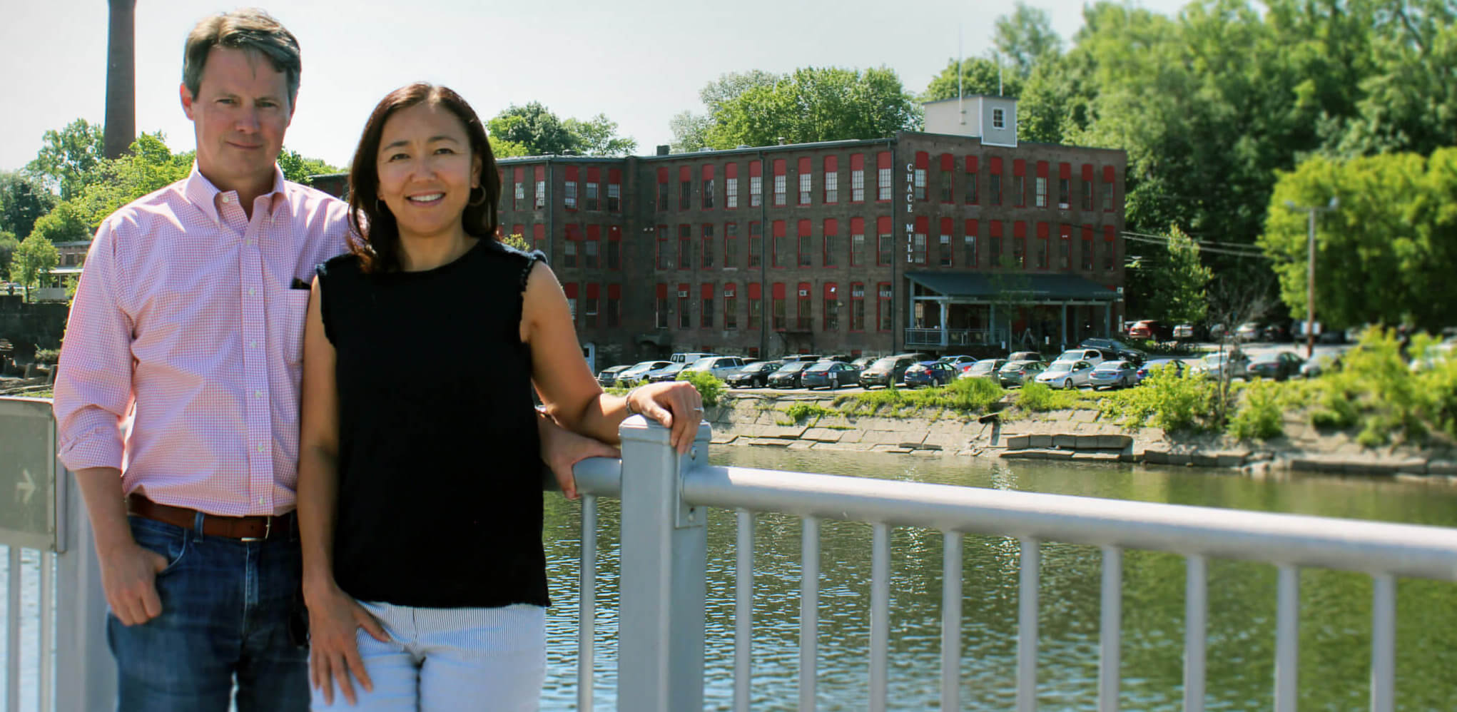 June 2018 - Resonance's Founders, Nazgul Abdrazakova and Steve Schmida, in front of the Chace Mill in Burlington Vermont, home to Resonance's headquarters.