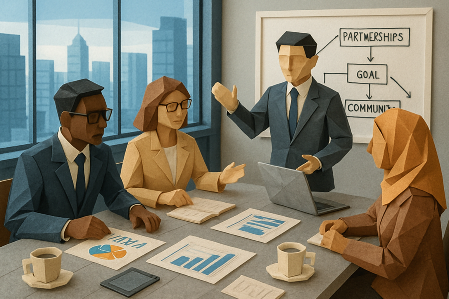 stylized image of people around a conference table brainstorming