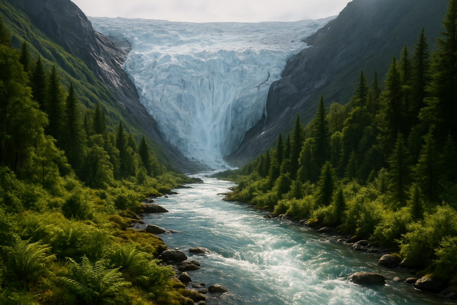 Glacier melting into a river between two mountains